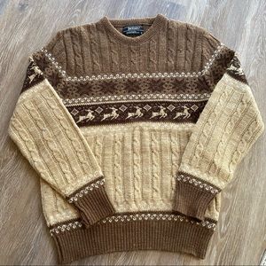Vintage Jantzen Men’s Christmas Sweater Isle Brown reindeer and snowflake Medium